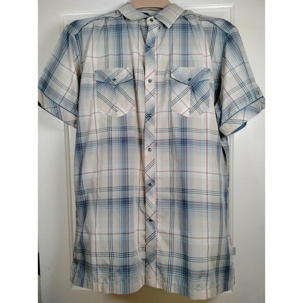 KÜHL Eluxur Men's Large Plaid Snap Button Down Short Sleeve‎ Hiking Gray blue